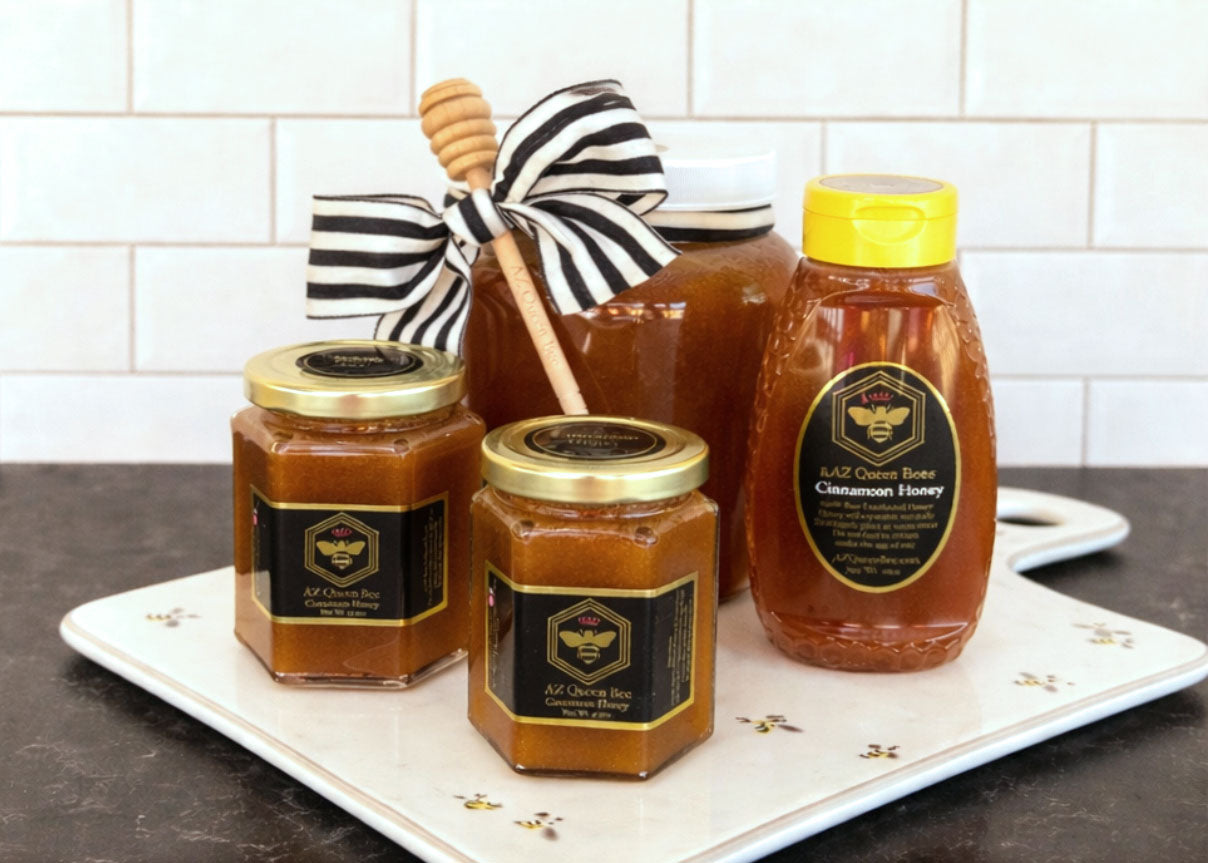 Cinnamon infused honey from AZ Queen Bee. Available in half gallon, Squeeze bottle, and small hex jars