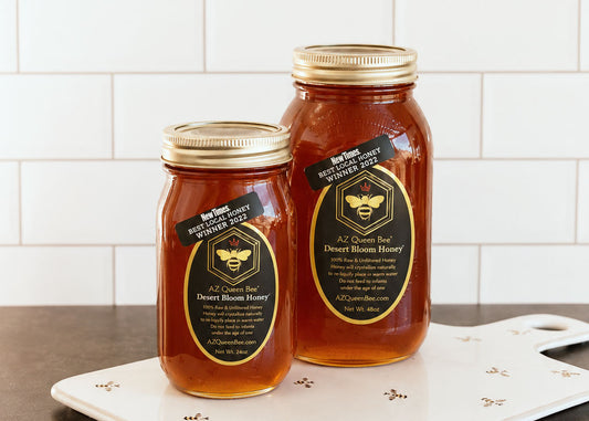 Local raw honey in pint and quart jars from AZ Queen Bee. Desert Bloom Honey flavor
