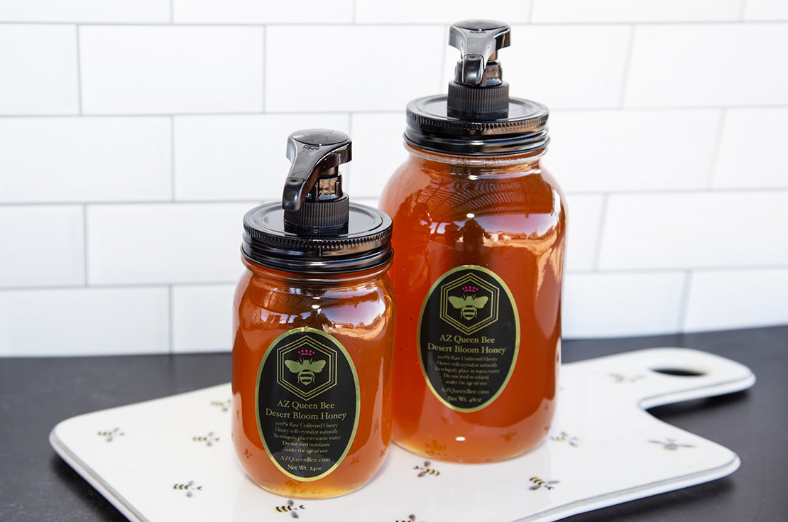 Jars of honey with no-drip pump dispensers Available from AZ Queen Bee